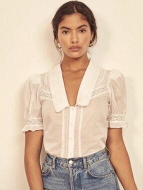 Reformation Hara Ivory Lace & Pintuck Short-Sleeve Blouse